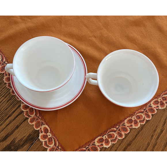 1940's HAZEL ATLAS Moderntone Platonite 2 Cups & 1 Saucer Red Stripe Art Deco - Picture 2 of 7